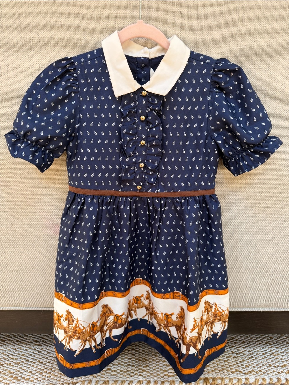 Janie and Jack Navy Dress with White Collar and Horse-Print Hem